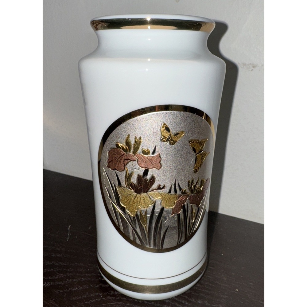 Vintage Japanese Vase -The Art Of Chokin - Butterflies & Iris‎ - 24K Gold - 6"